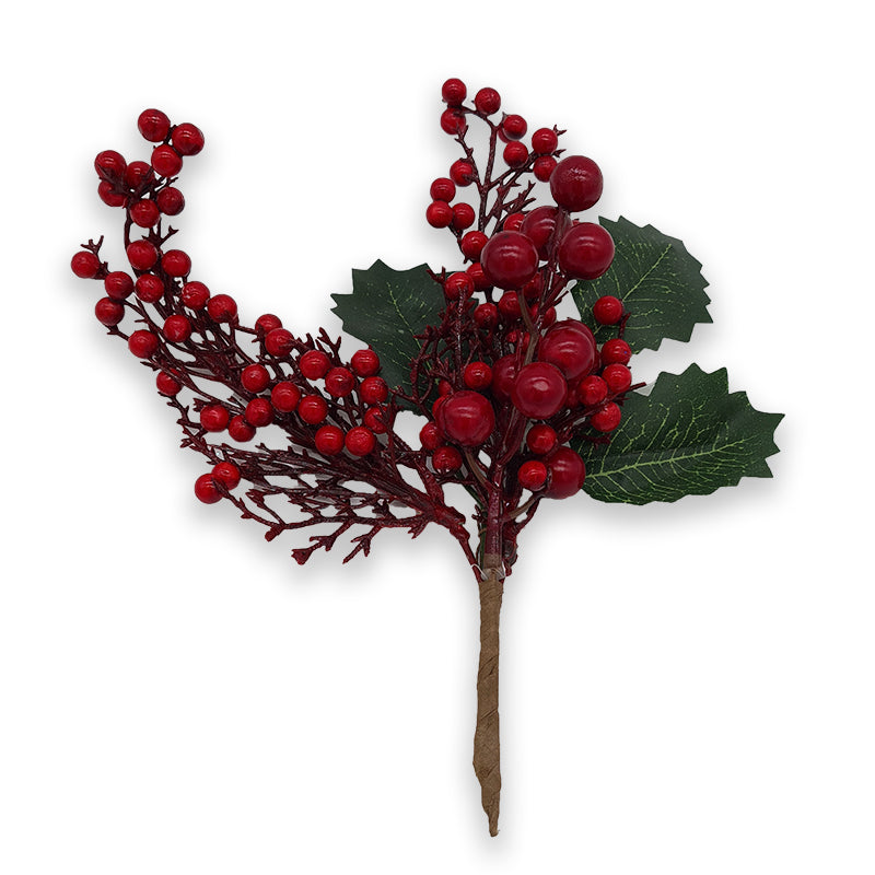 22cm HOLLY w/RED BERRIES PICK