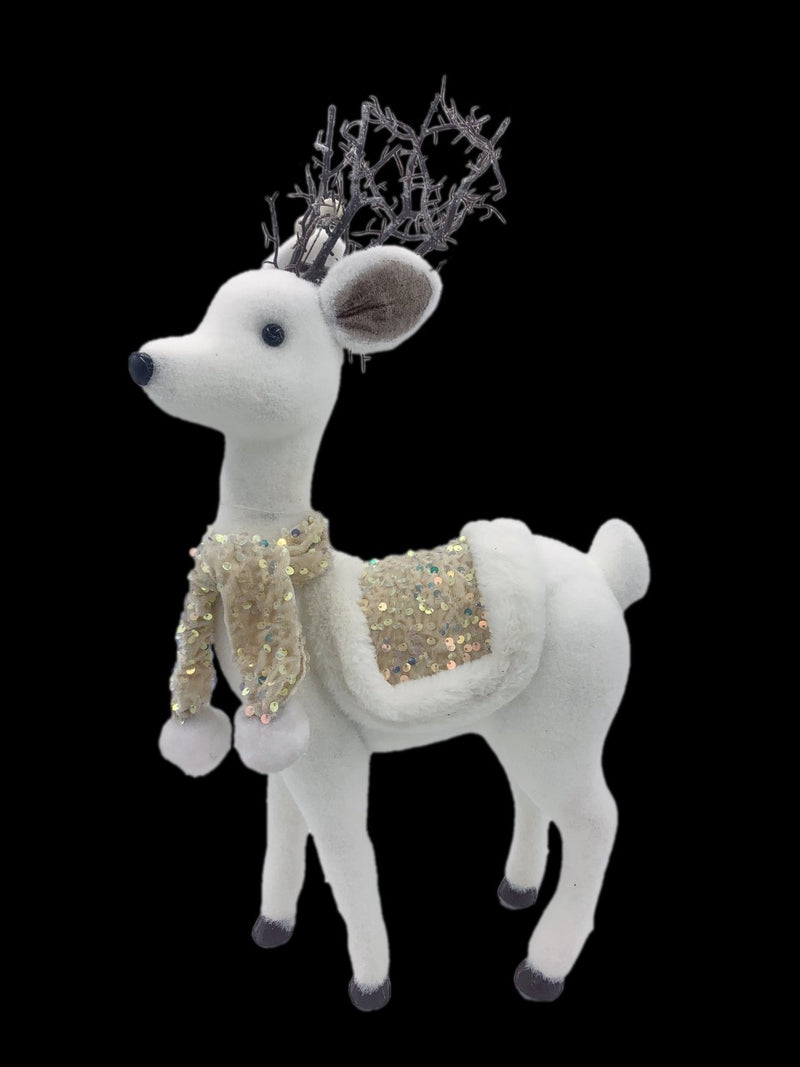 52cm WHITE STANDING DEER w/CHAMPAGNE SCARF