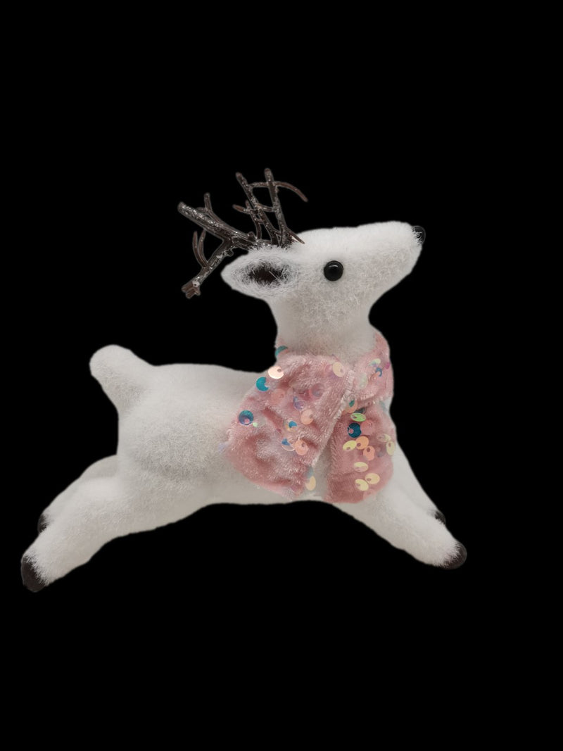 WHITE HANGING REINDEER WITH PINK SCARF DECORATION