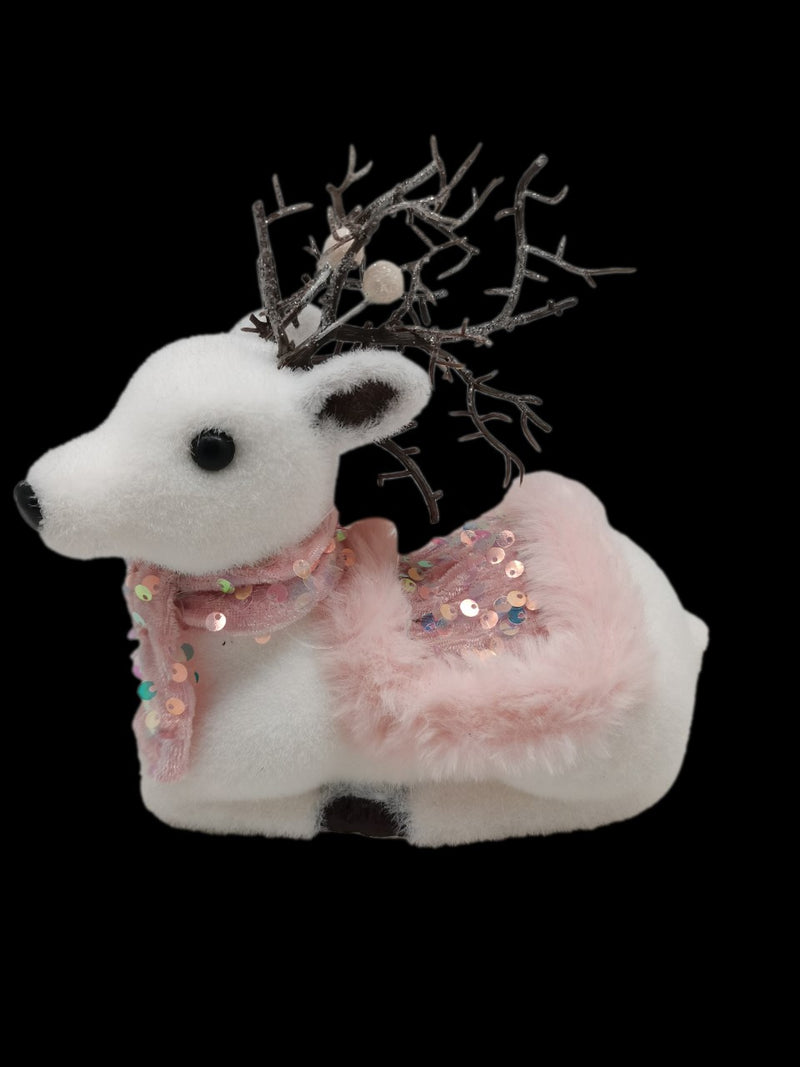 WHITE LYING DEER WITH PINK SCARF