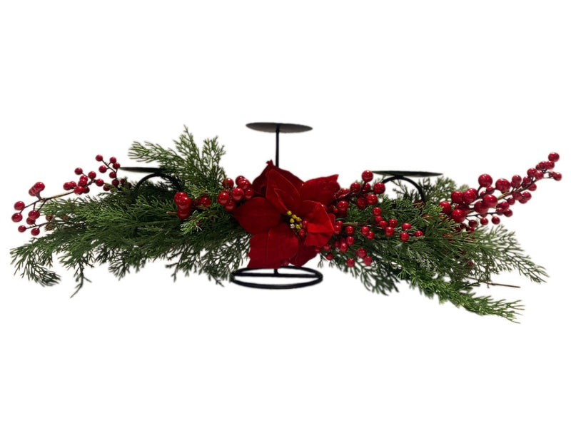 86CM CANDLE HOLDER WITH RED POINSETTIA & BERRIES