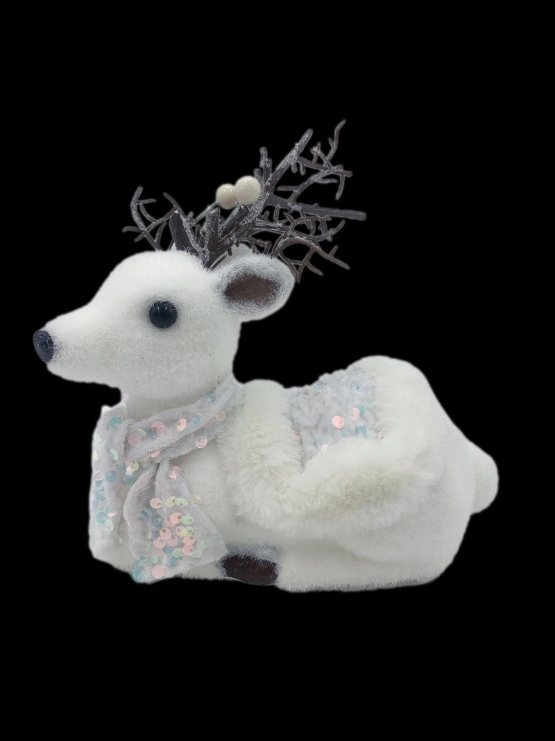 17cm WHITE LYING DEER WITH WHITE SCARF
