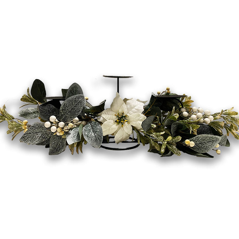 86CM CANDLE HOLDER WITH WHITE POINSETTIA & BERRIES