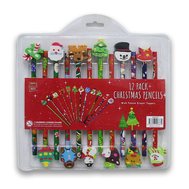 12pc CHRISTMAS PENCILS WITH ERASERS