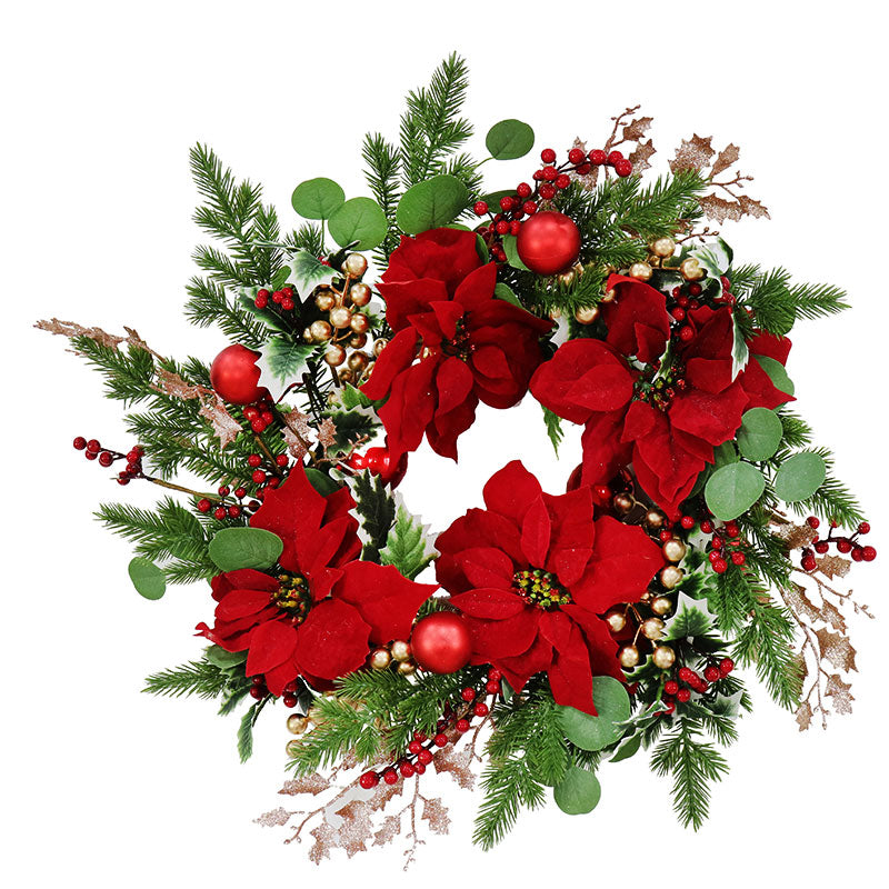 55cm PRE-DECORATED WREATH WITH POINSETTIAS & HOLLY