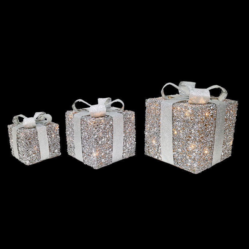 3pc LED TINSEL GIFT BOXES - SILVER