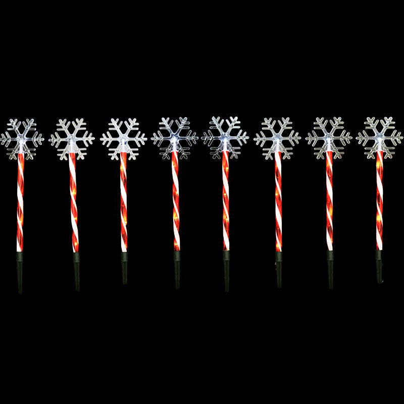 8pc SOLAR LED CANDY CANE PATH LIGHTS WITH SNOWFLAKE