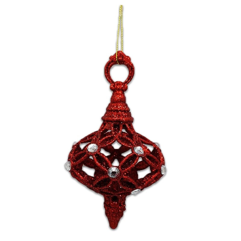 16cm GLITTER HOLLOW FINIAL ORNAMENT - RED