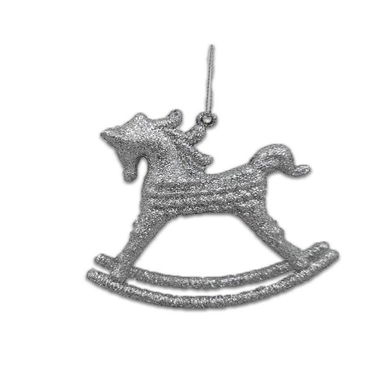 10cm GLITTER ROCKING HORSE ORNAMENT - SILVER