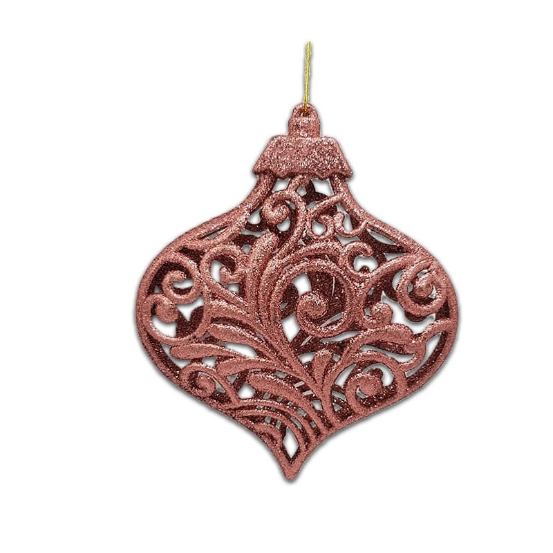 15cm GLITTER HOLLOW FILIGREE BAUBLE ORNAMENT - DUSTY PINK