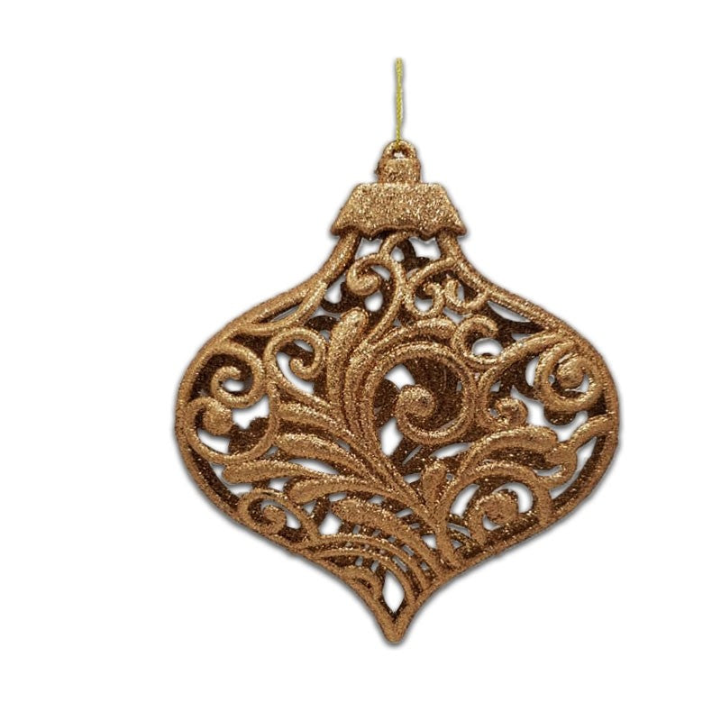 15cm GLITTER HOLLOW FILIGREE BAUBLE ORNAMENT - COPPER