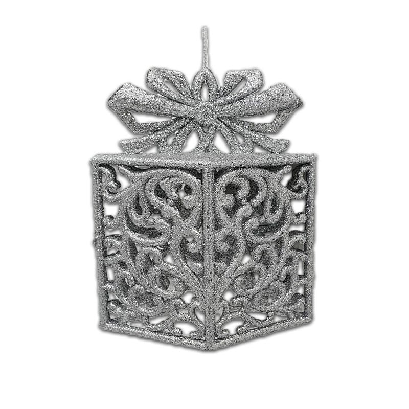 11cm GLITTER HOLLOW FILIGREE GIFT BOX ORNAMENT - SILVER