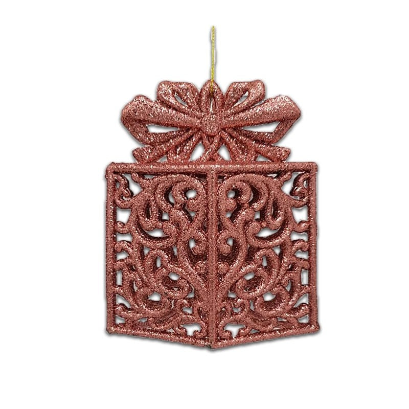 11cm GLITTER HOLLOW FILIGREE GIFT BOX ORNAMENT - DUSTY PINK