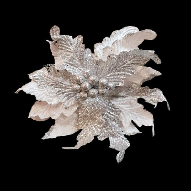 30cm POINSETTIA WHITE WITH SILVER GLITTER