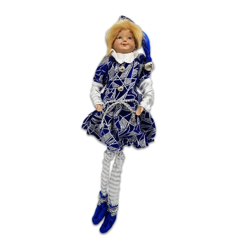 15" HANGING JESTER GIRL WITH SOFT LEGS - BLUE/ SILVER
