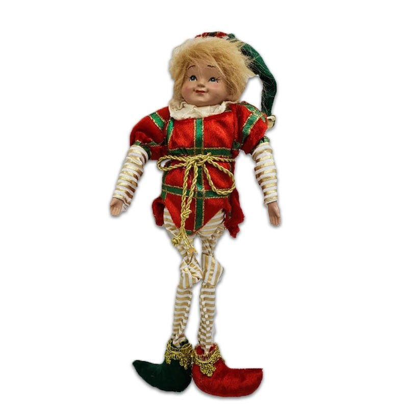 15" HANGING JESTER BOY WITH SOFT LEGS - RED / GOLD / GREEN