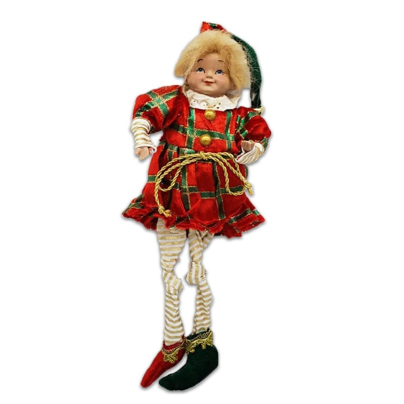 15" HANGING JESTER GIRL WITH SOFT LEGS - RED / GOLD / GREEN