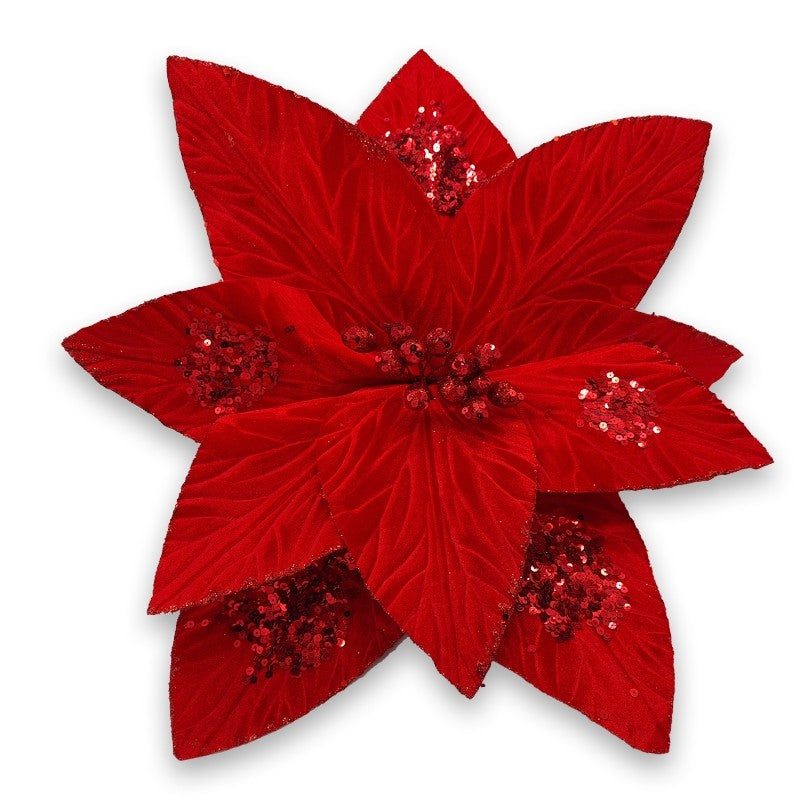 47cm VELVET POINSETTIA WITH SEQUINS - RED
