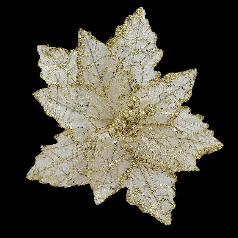 30cm VELVET POINSETTIA WITH SEQUINS - CREAM WITH GOLD FILIGREE