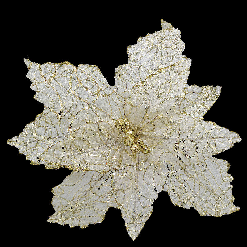 47cm VELVET POINSETTIA WITH SEQUINS - CREAM WITH GOLD FILIGREE