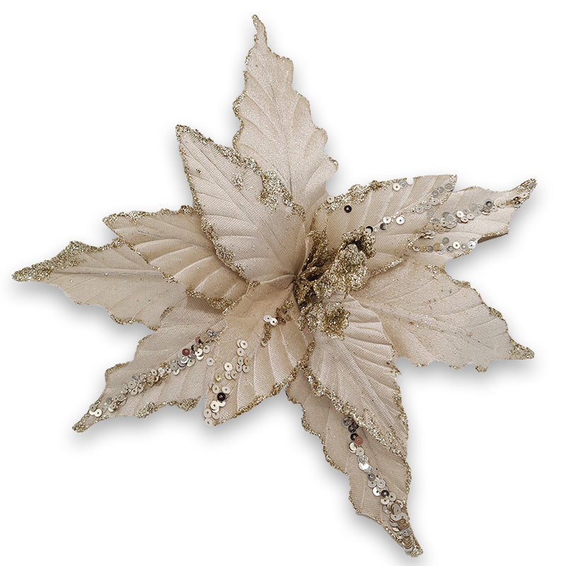 30cm VELVET POINSETTIA w/SEQUINS - CHAMPAGNE