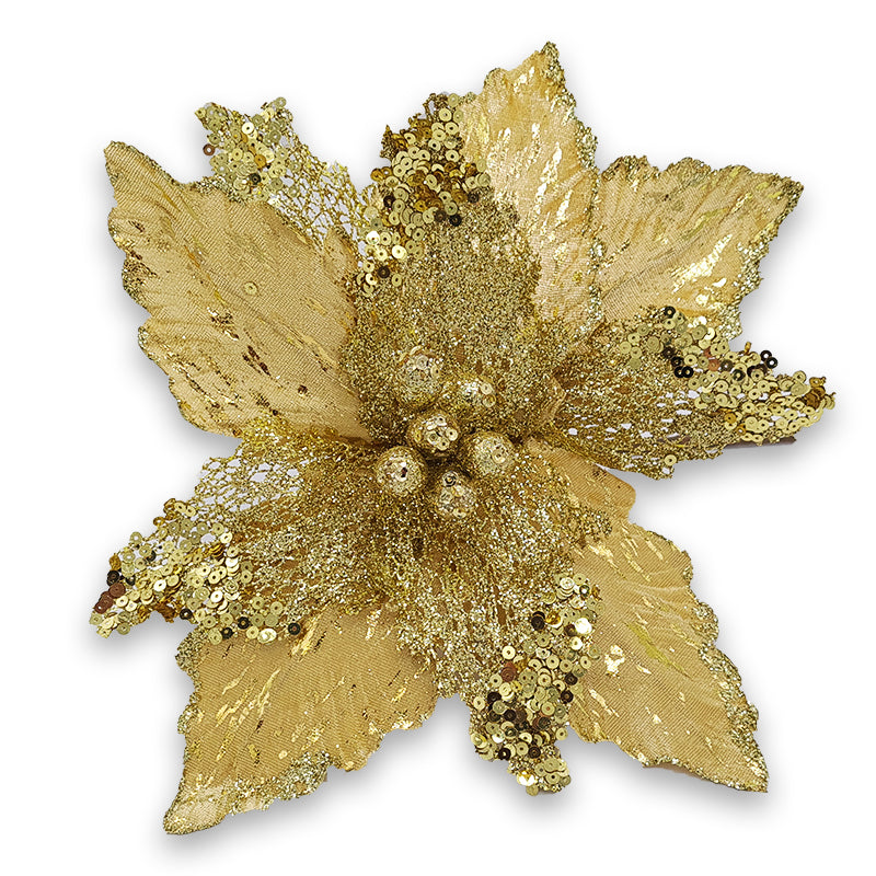 COMING SOON - 30cm POINSETTIA w/MESH SEQUIN LEAF - GOLD