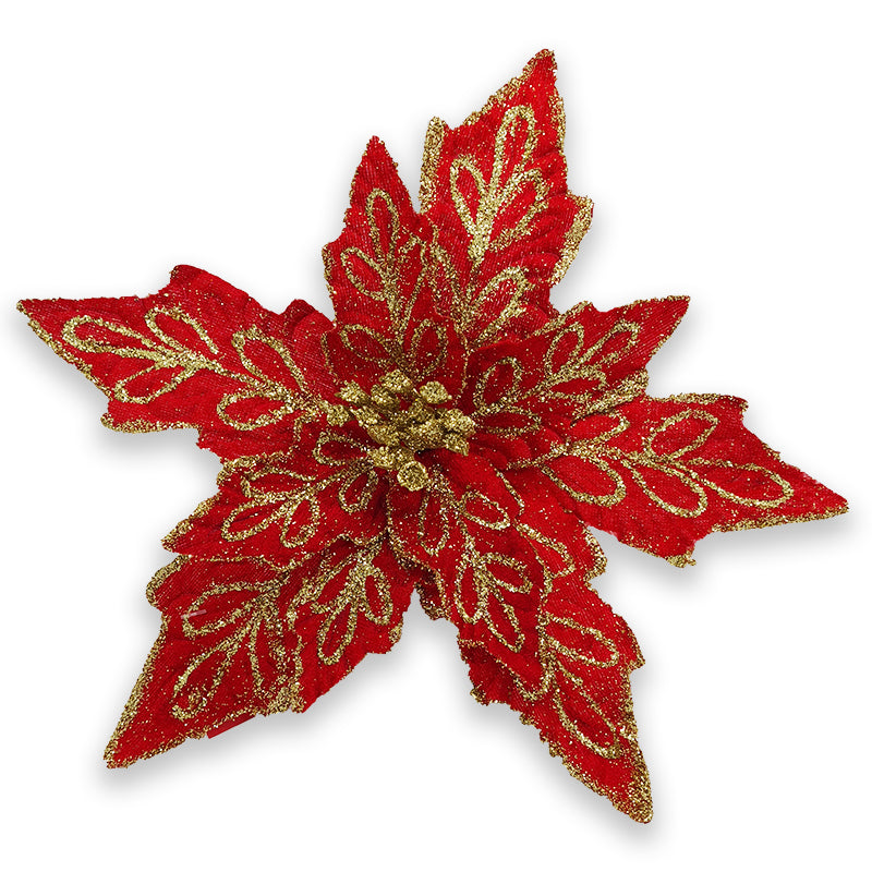30cm RED VELVET POINSETTIA w/GOLD GLITTER