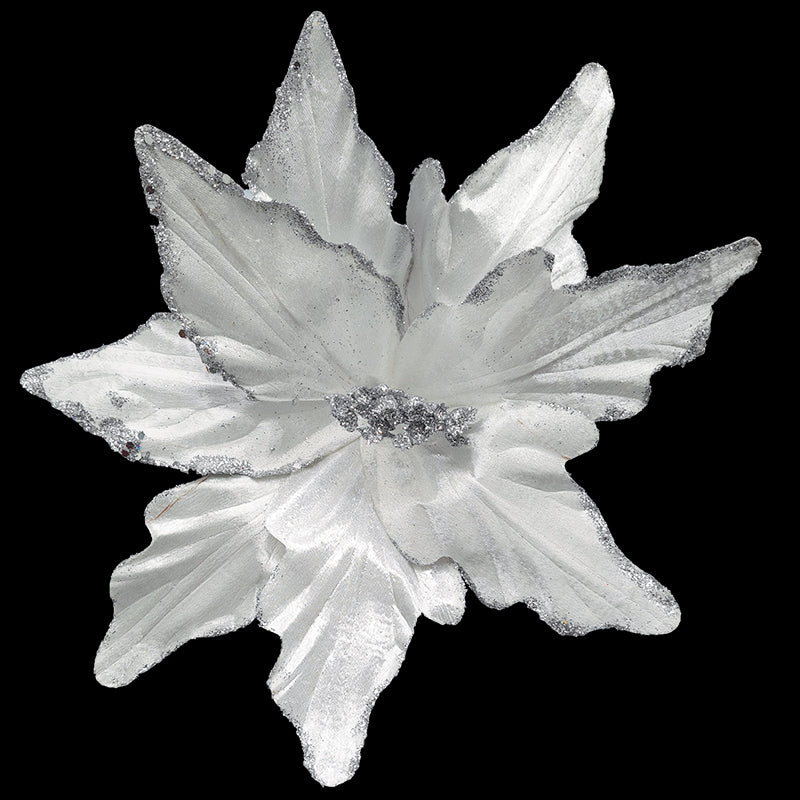 30cm WHITE VELVET POINSETTIA WITH SILVER GLITTER