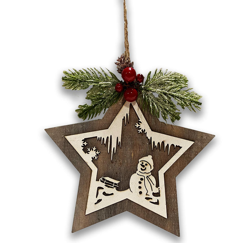 14.2cm HANGING WOODEN STAR - SNOWMAN