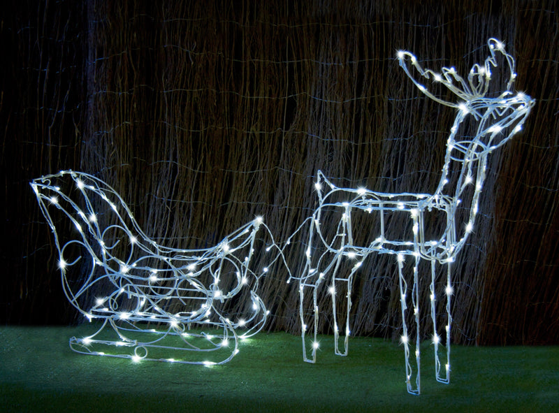 SOLAR LED 3D SLEIGH WITH REINDEER - COOL WHITE